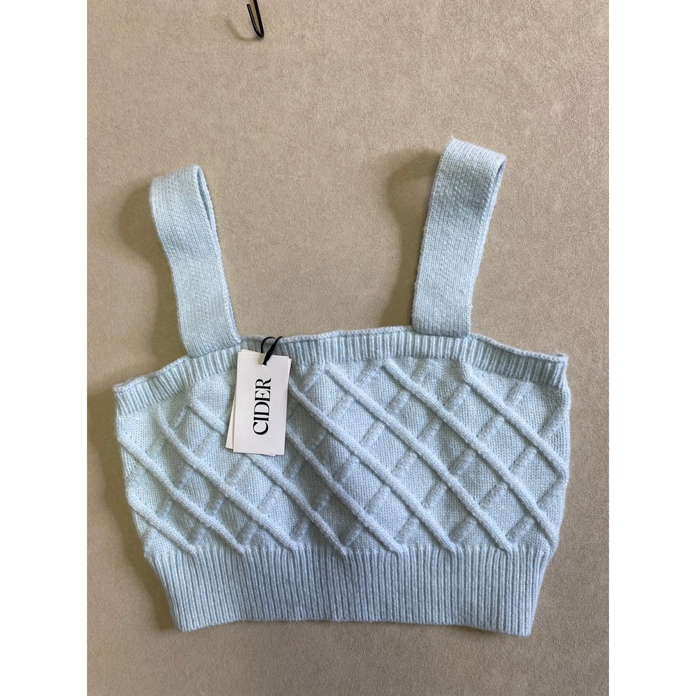 Cider Women Light Blue Knit Diamond Lattice Crop Top Sweater Tank Size M NWT
